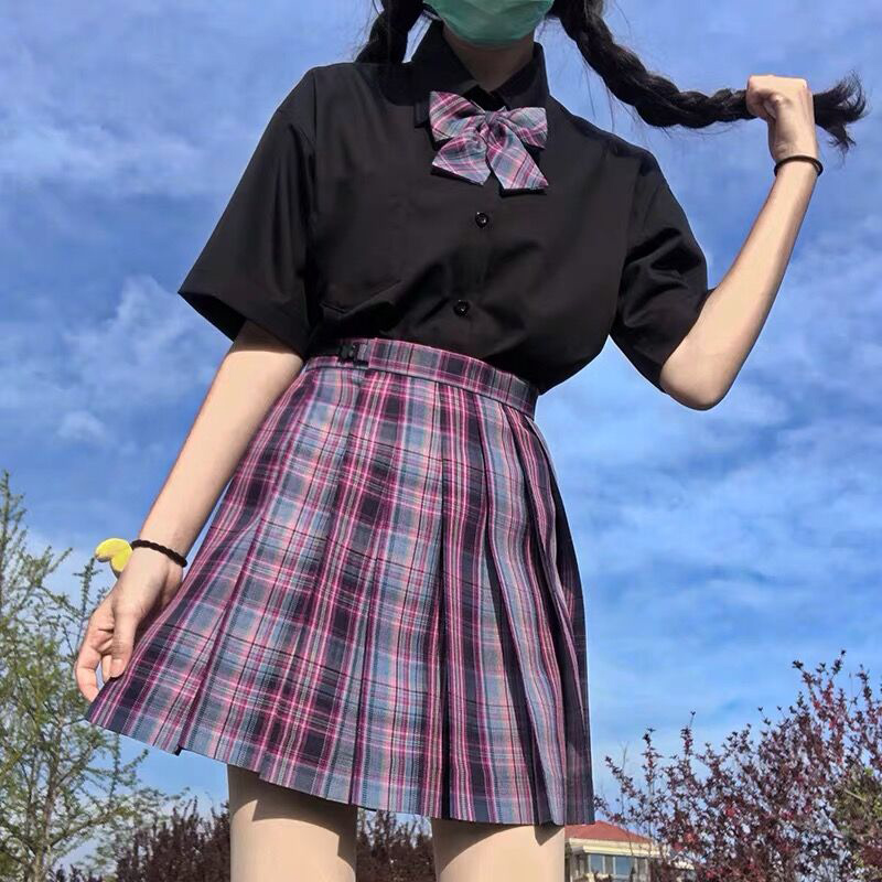 여고생 세이 후쿠 유니폼 패션 플리츠 스커트 일본 학교 유니폼 a 라인 체크 무늬 스커트 섹시한 JK 유니폼 여성용 풀 세트